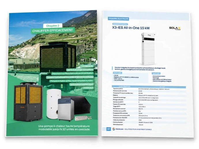 Deux pages du catalogue PROVELIAH présentant le chauffage et la solution SolaX X3-IES